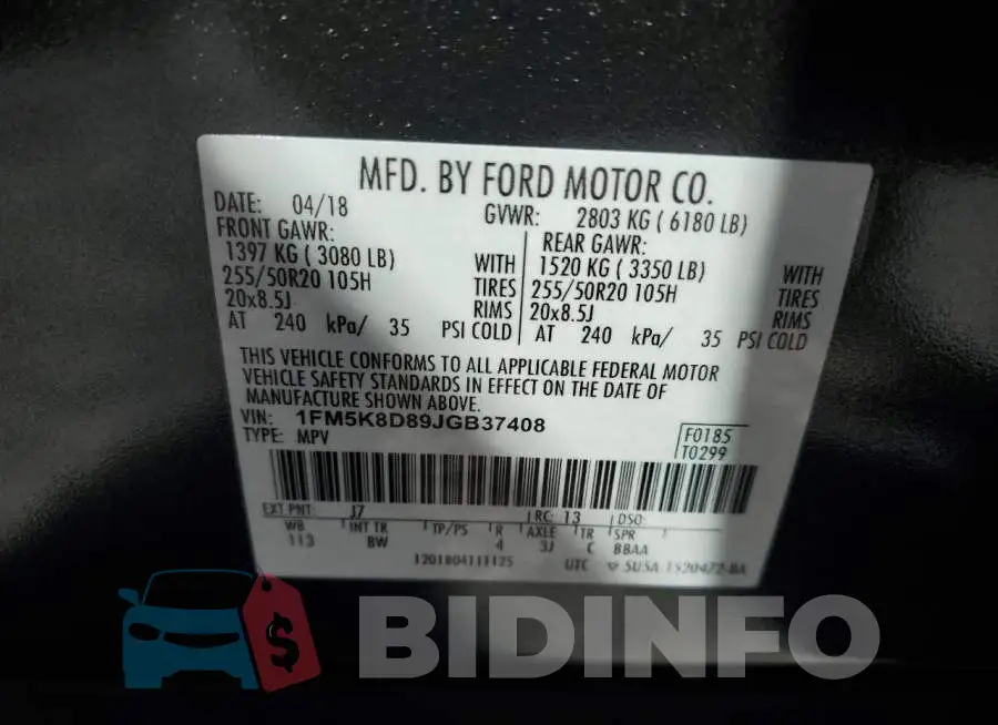 1FM5K8D89JGB37408 Photo# 13