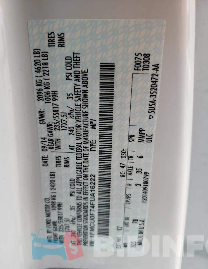 1FMCU0F74FUA16222 Photo# 12