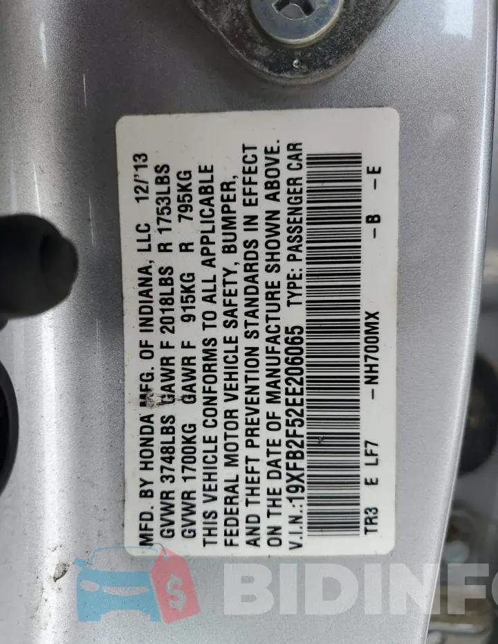 19XFB2F52EE206065 Photo# 12