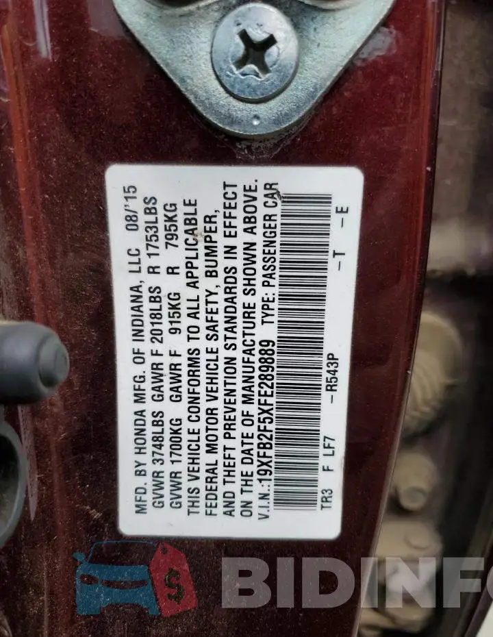 19XFB2F5XFE289889 Photo# 13