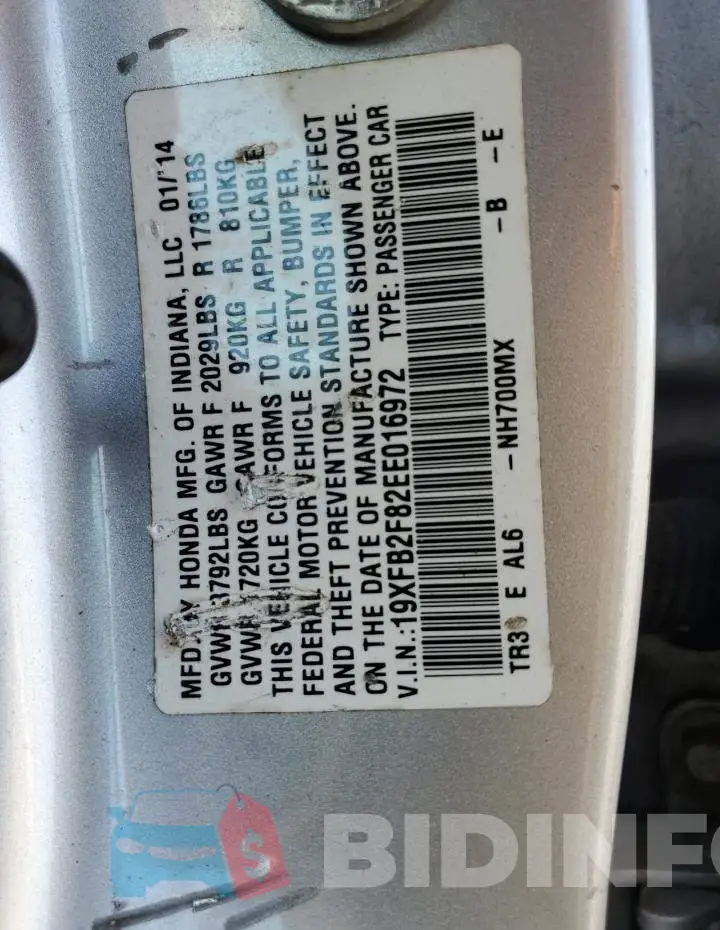 19XFB2F82EE016972 Photo# 12