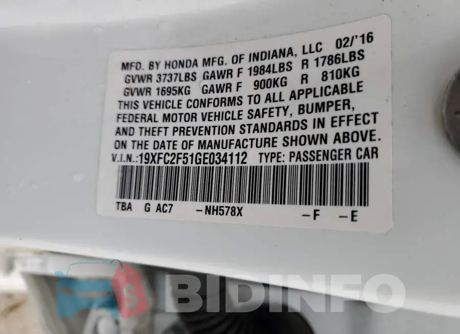 19XFC2F51GE034112 Photo# 12