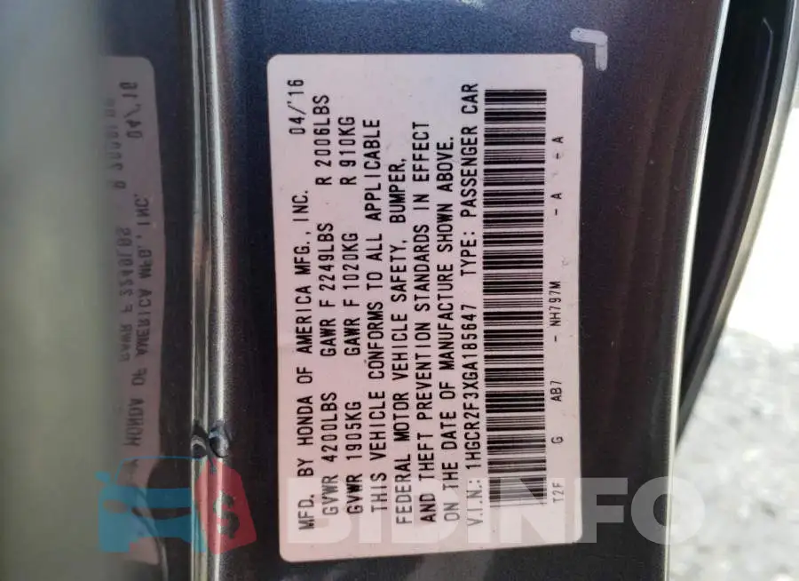 1HGCR2F3XGA185647 Photo# 12