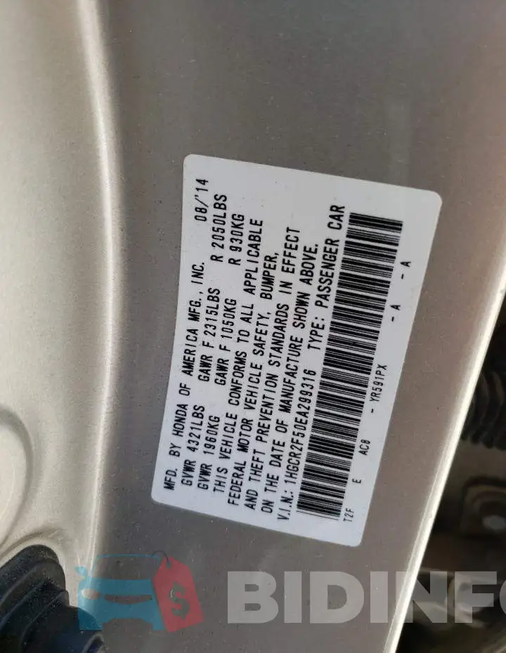 1HGCR2F50EA299316 Photo# 12