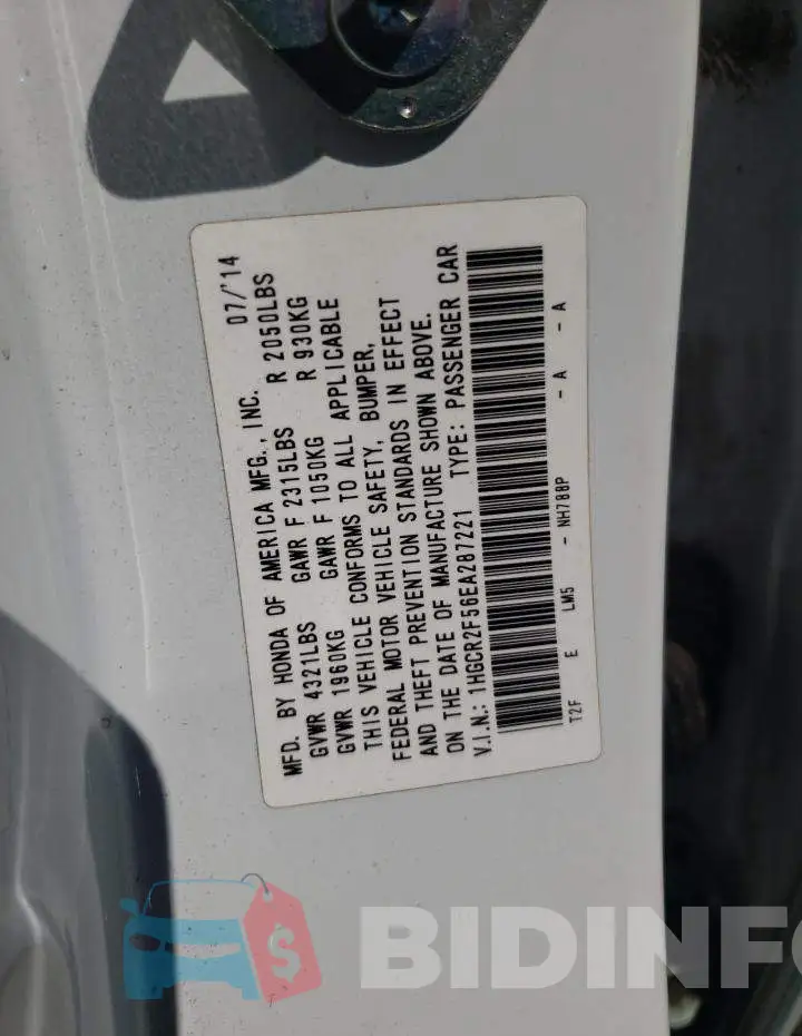 1HGCR2F56EA287221 Photo# 13