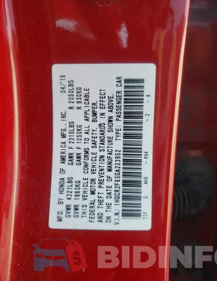 1HGCR2F65GA203952 Photo# 13