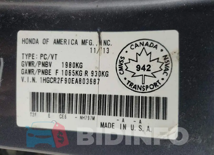 1HGCR2F90EA803687 Photo# 12