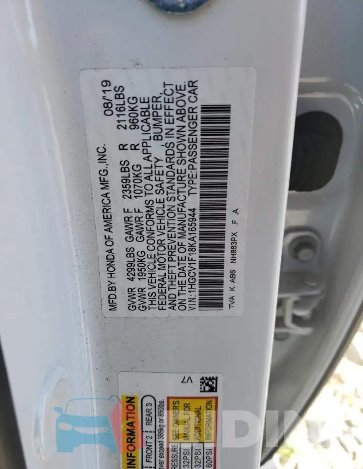 1HGCV1F18KA165944 Photo# 12