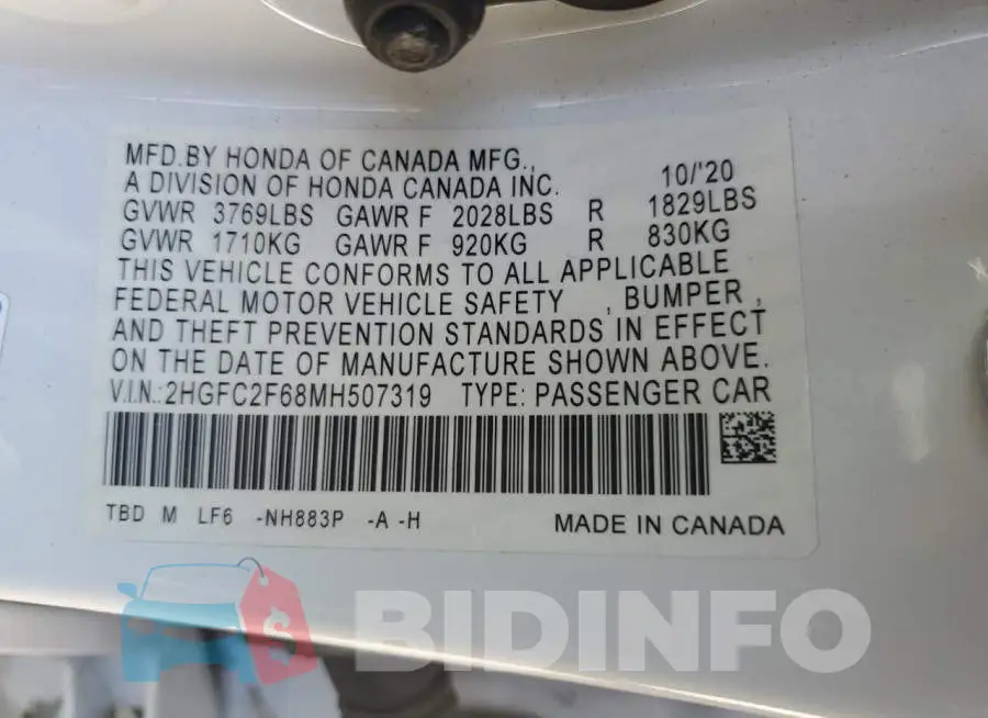 2HGFC2F68MH507319 Photo# 13