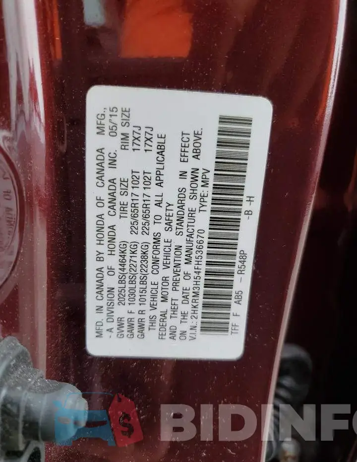 2HKRM3H54FH536670 Photo# 14