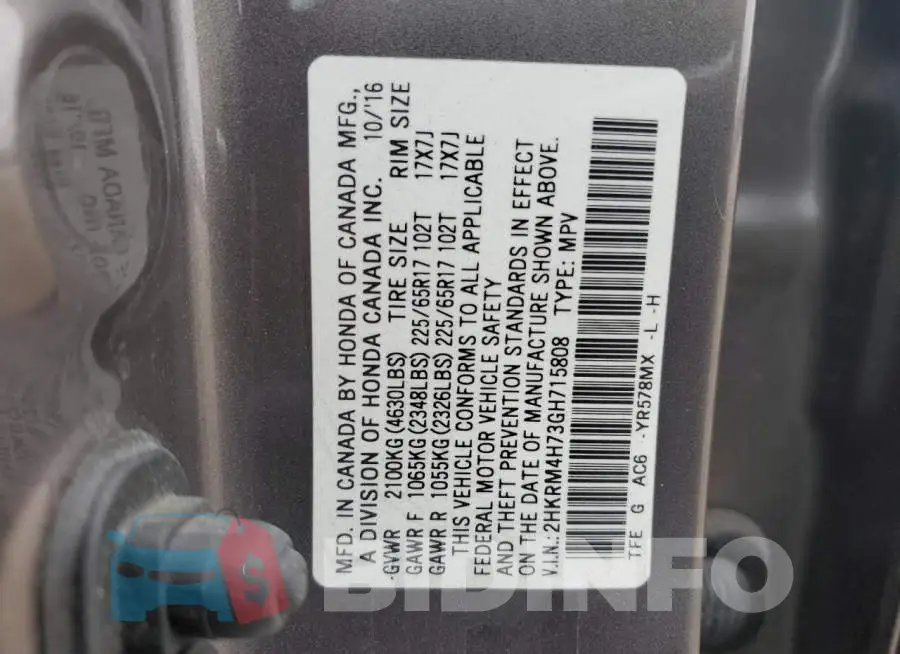 2HKRM4H73GH715808 Photo# 12
