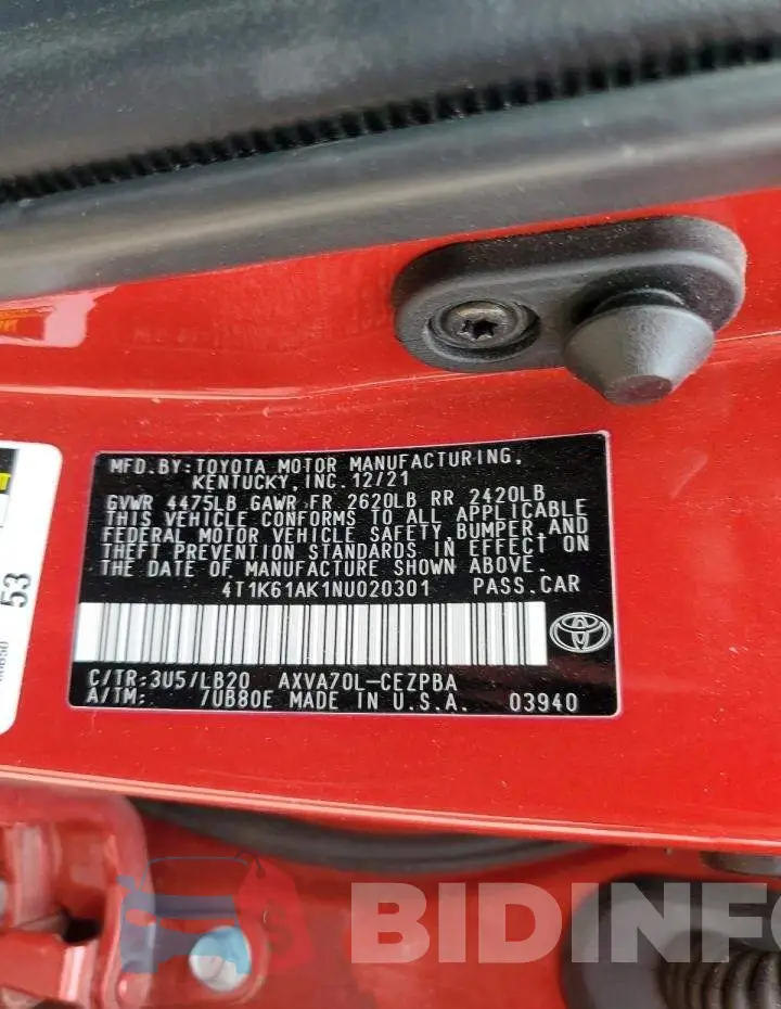 4T1K61AK1NU020301 Photo# 12
