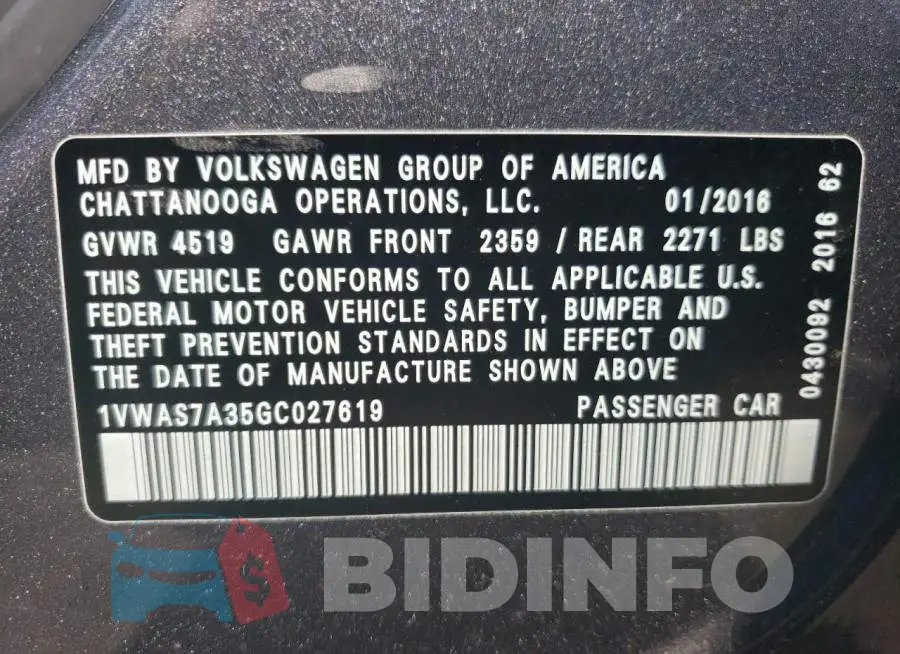 1VWAS7A35GC027619 Photo# 12
