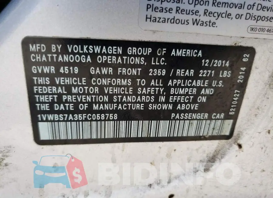 1VWBS7A35FC058758 Photo# 12