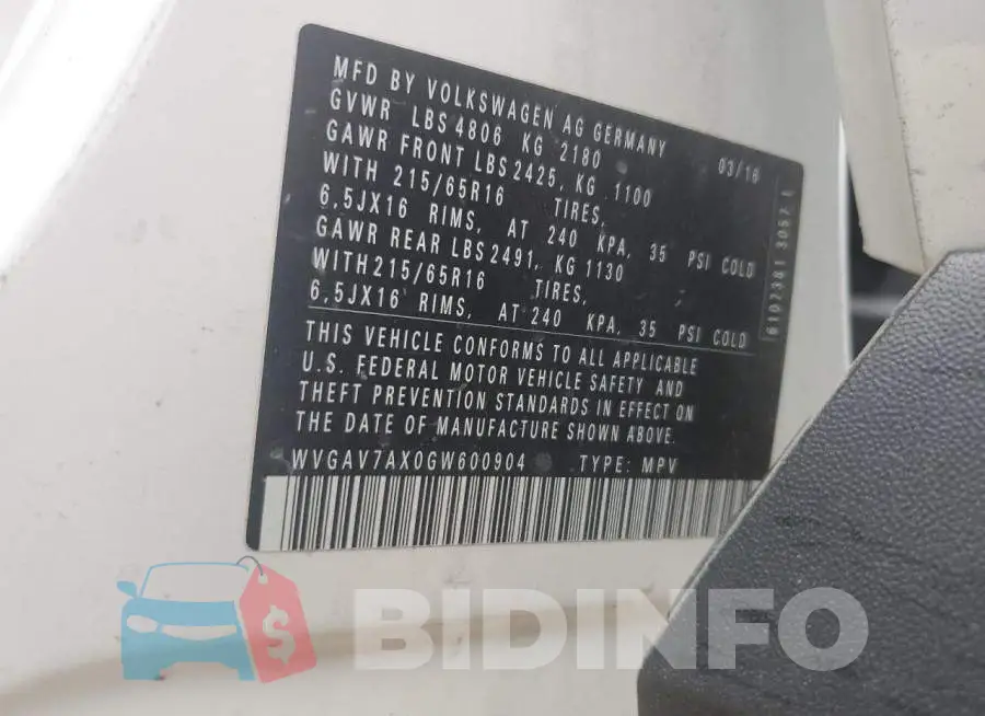 WVGAV7AX0GW600904 Photo# 13