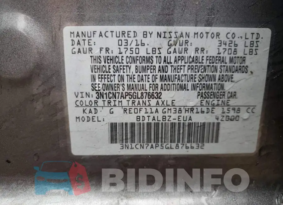 3N1CN7AP5GL876632 Photo# 13
