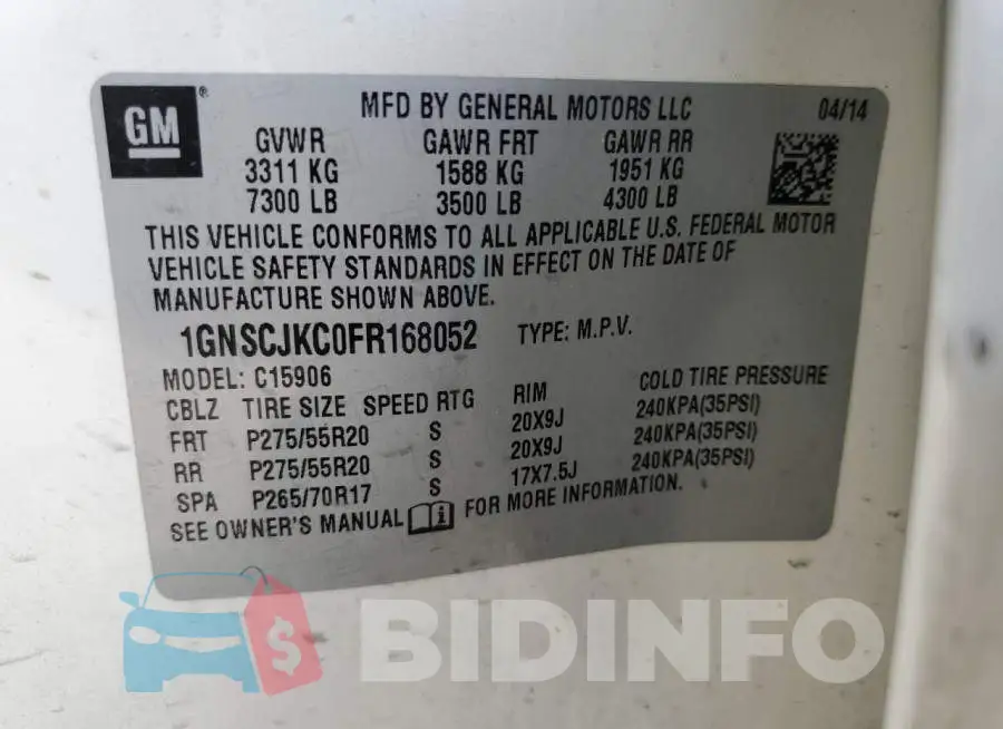 1GNSCJKC0FR168052 Photo# 13