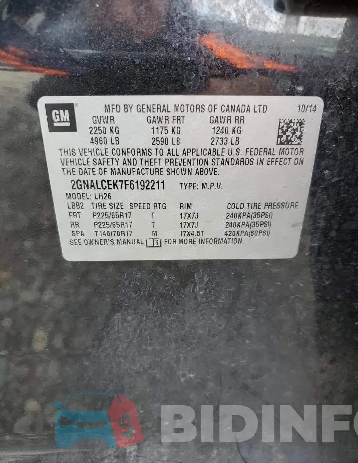 2GNALCEK7F6192211 Photo# 13