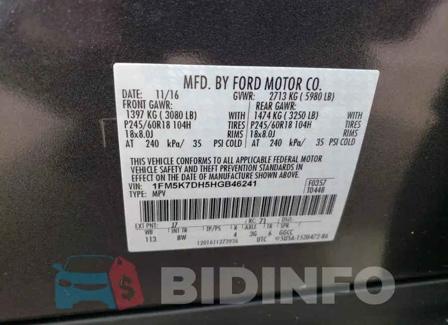 1FM5K7DH5HGB46241 Photo# 14