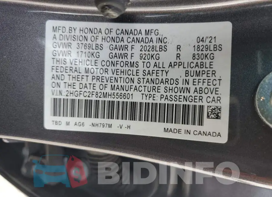 2HGFC2F82MH556601 Photo# 12