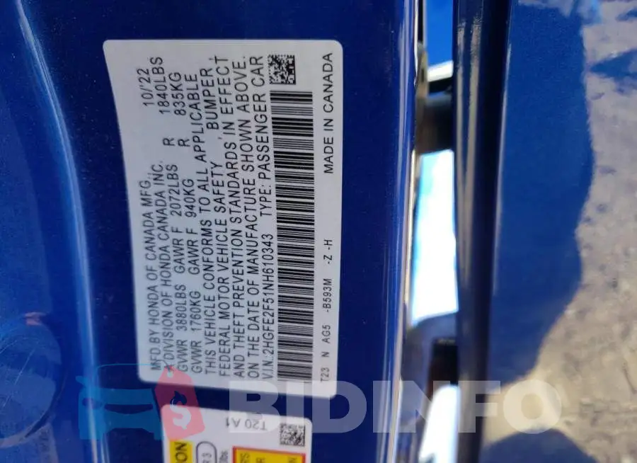 2HGFE2F51NH610343 Photo# 12