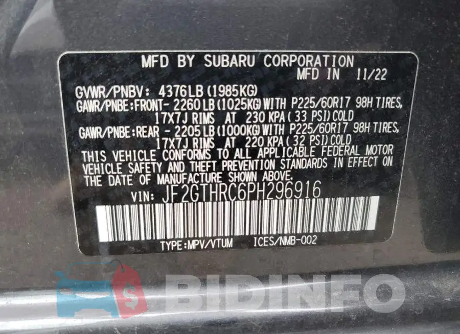 JF2GTHRC6PH296916 Photo# 12