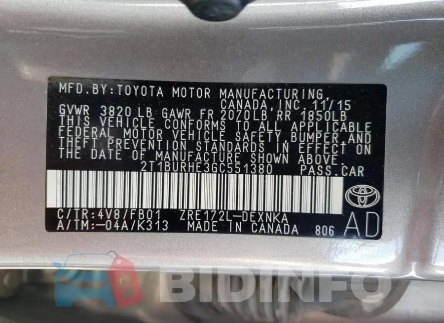 2T1BURHE3GC551380 Photo# 12