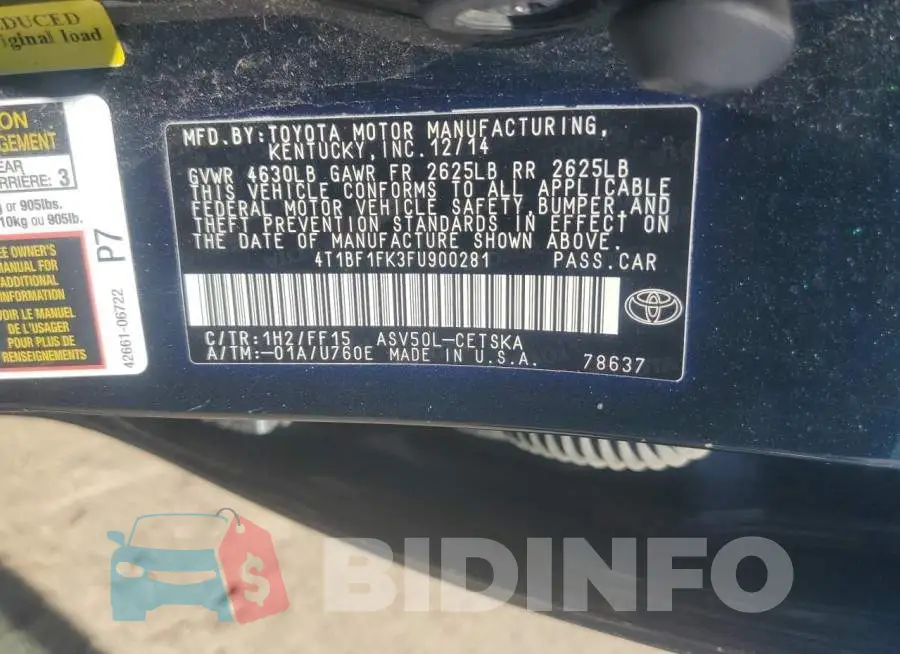 4T1BF1FK3FU900281 Photo# 12
