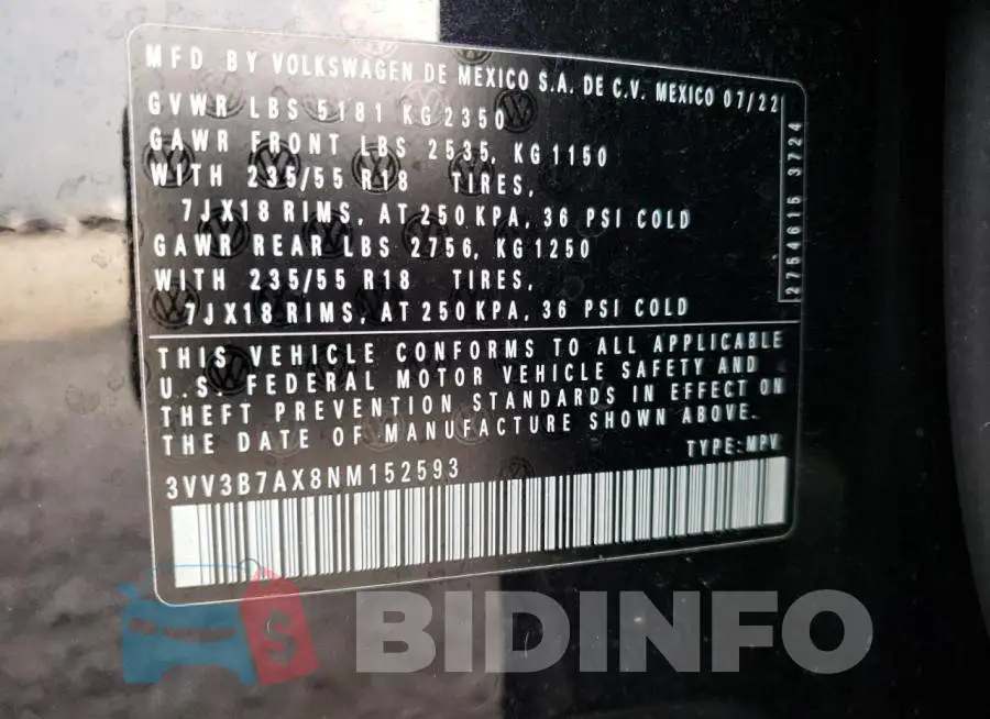 3VV3B7AX8NM152593 Photo# 13