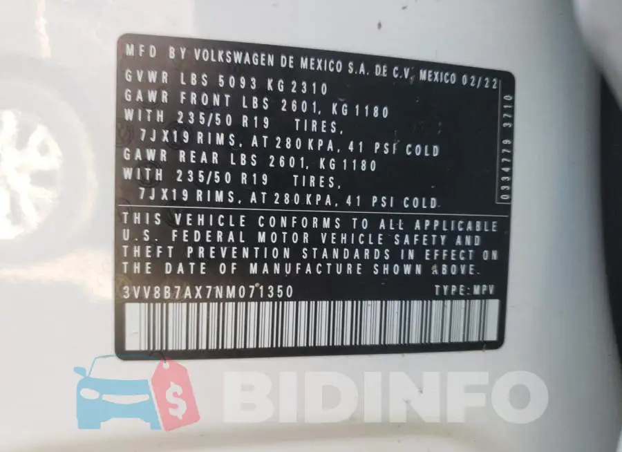 3VV8B7AX7NM071350 Photo# 12