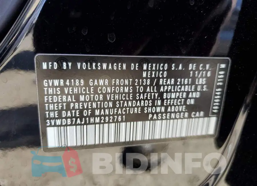 3VWDB7AJ1HM292761 Photo# 12
