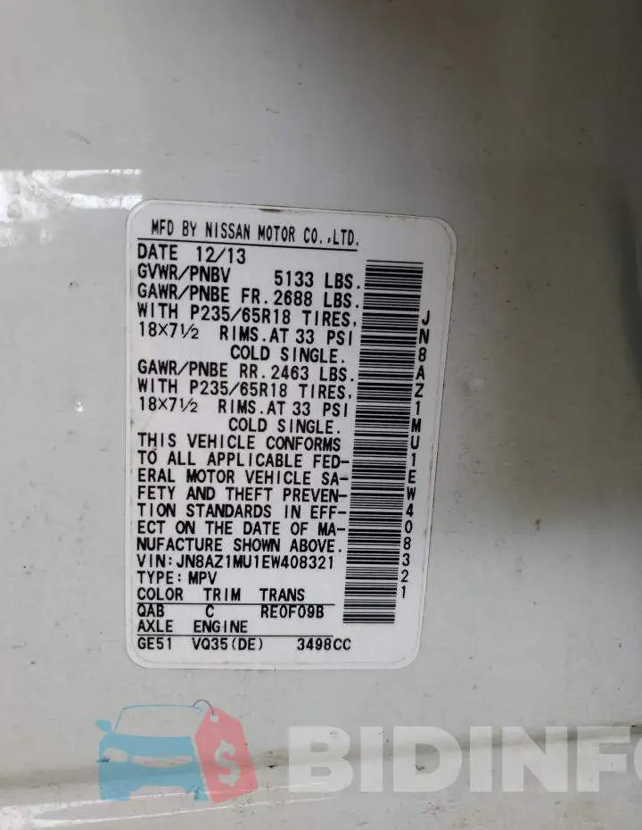 JN8AZ1MU1EW408321 Photo# 12