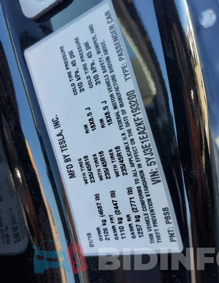 5YJ3E1EA2KF193200 Photo# 13