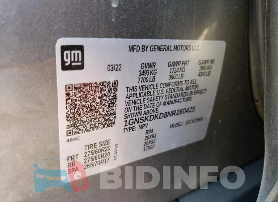 1GNSKDKD8NR260425 Photo# 13