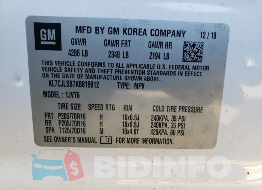 KL7CJLSB7KB819912 Photo# 13