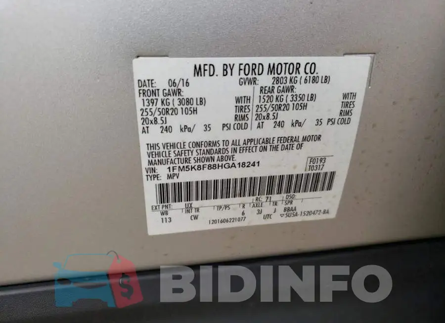 1FM5K8F88HGA18241 Photo# 14