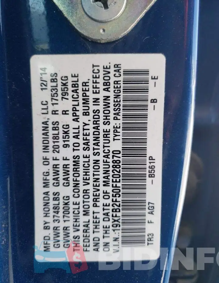 19XFB2F50FE028870 Photo# 13