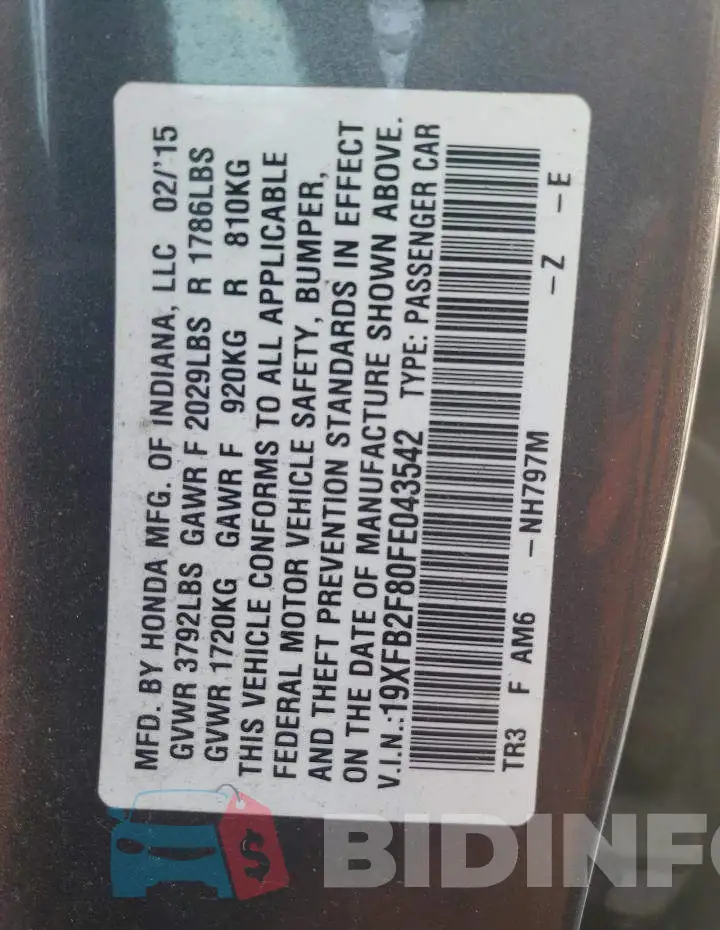 19XFB2F80FE043542 Photo# 12
