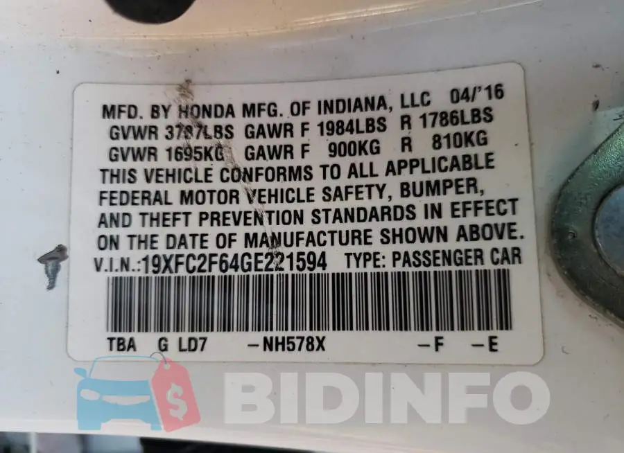 19XFC2F64GE221594 Photo# 12