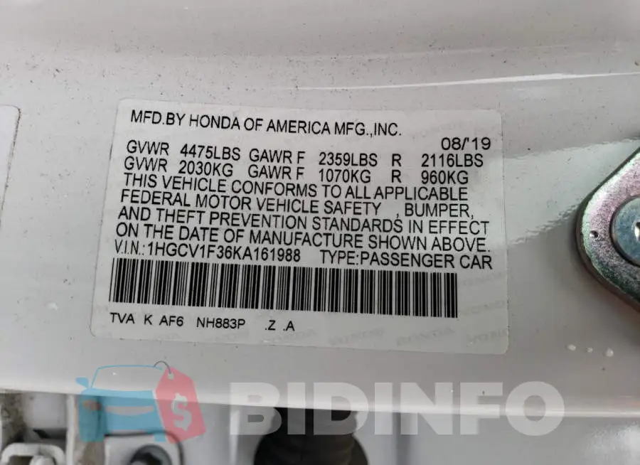 1HGCV1F36KA161988 Photo# 12