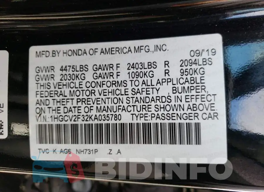 1HGCV2F32KA035780 Photo# 12