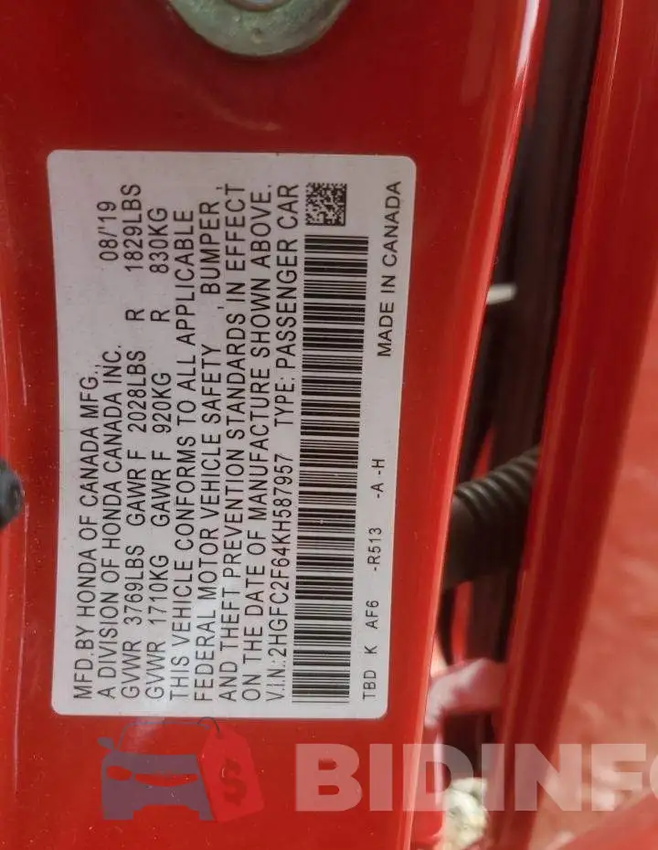 2HGFC2F64KH587957 Photo# 12