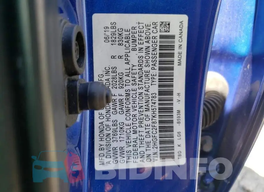 2HGFC2F87KH574783 Photo# 12