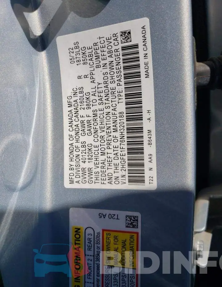 2HGFE1F76NH320188 Photo# 13