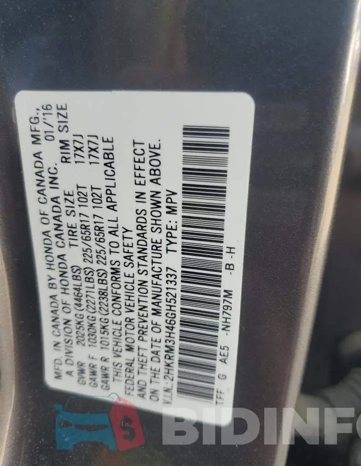 2HKRM3H46GH521337 Photo# 12