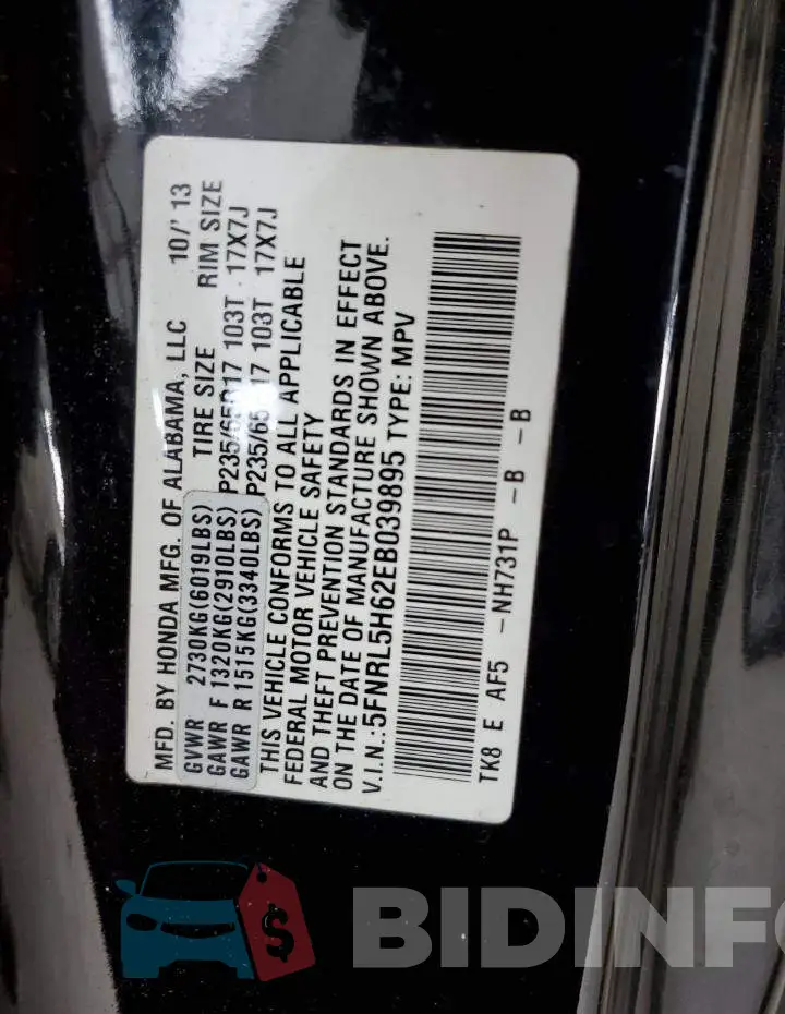 5FNRL5H62EB039895 Photo# 13