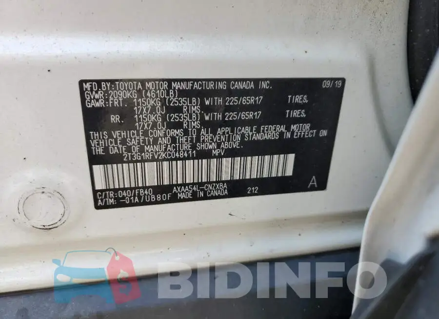 2T3G1RFV2KC048411 Photo# 13