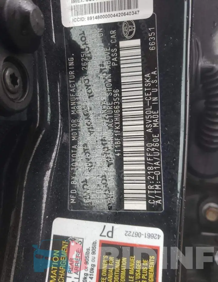 4T1BF1FKXHU663596 Photo# 12