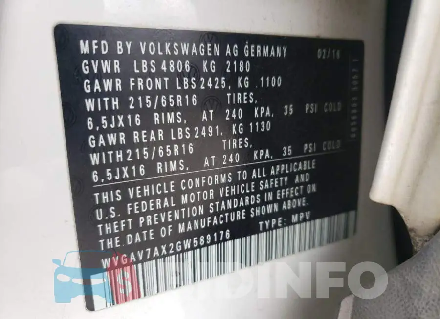 WVGAV7AX2GW589176 Photo# 13