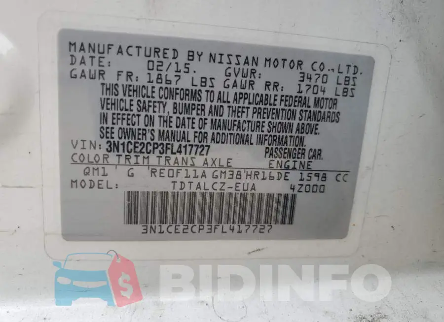 3N1CE2CP3FL417727 Photo# 13